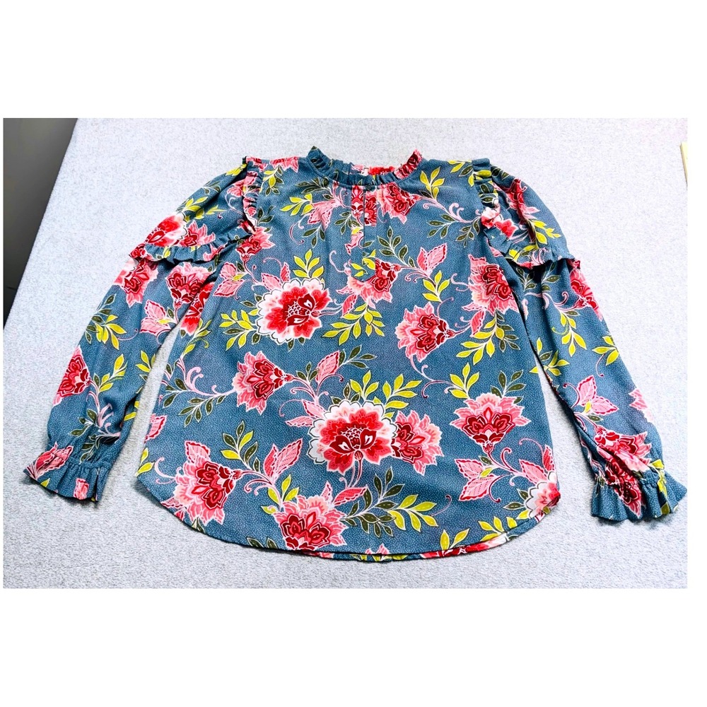 LOFT Womens S Floral Ruffle Blouse Blue Pink Long Sleeve Mock Neck Boho Office